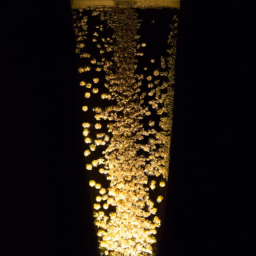 description: an elegant wine glass filled with effervescent bido sparkling wine, with bubbles rising to the surface, reflecting the warm lights of a dimly lit room.