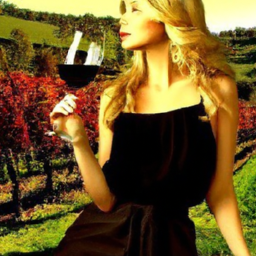 description: a golden-haired woman, dressed elegantly, stands in a picturesque vineyard. she holds a glass of red wine, her eyes radiant with passion and curiosity as she gazes into the distance. the backdrop of rolling hills and lush vines creates a captivating scene that invites viewers to immerse themselves in the world of wine.