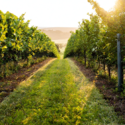 description: a rustic vineyard with rows of grapevines stretching into the distance, basking in the golden sunlight.