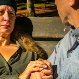 description: an anonymous image shows a middle-aged couple sitting on a park bench, holding hands. the woman has a serene expression on her face while the man looks contemplative. they appear to be deeply connected despite the challenges they face.