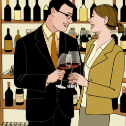 description: an anonymous image shows a well-dressed couple holding wine glasses, engaged in   conversation. the couple is surrounded by shelves filled with various wine bottles, showcasing the diversity and sophistication of their collection.