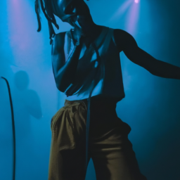 description: an anonymous image featuring a confident, stylish artist on stage, captivating the audience with her energetic performance. the artist commands attention with her magnetic presence and showcases the essence of her unique style.