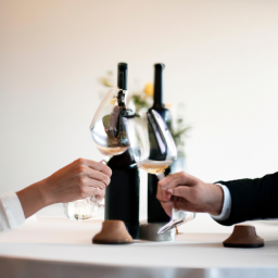 description: an elegant table set with wine glasses, a bottle of wine, and a couple's hands holding the glasses, showcasing a luxurious wine tasting experience.