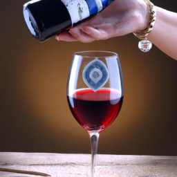 description: an elegant wine bottle with a label featuring intricate artwork, standing on a wooden table next to a crystal wine glass. a person's hand, adorned with a delicate silver bracelet, gracefully pours a deep red liquid into the glass.