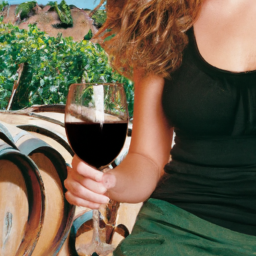 description: an anonymous image featuring a woman holding a wine glass, surrounded by vineyards and wine barrels.