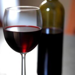 description: a glass of red wine with a partially consumed bottle in the background.
